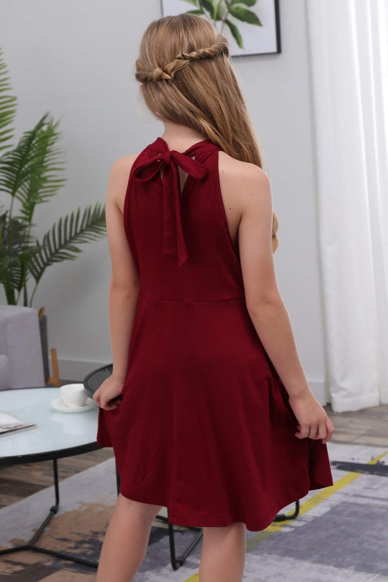 GORLYA Girl's Halter Neck Cold Shoulder Sleeveless Summer Casual Sundress A-line Dress with Pockets for 4-12 Years(GOR1013,12Y,WineRed) - Image 2